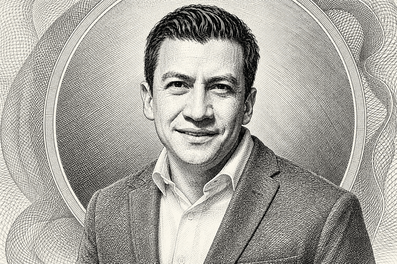 Retrato estilo grabado de Adán García Alpizar, fundador de Locus