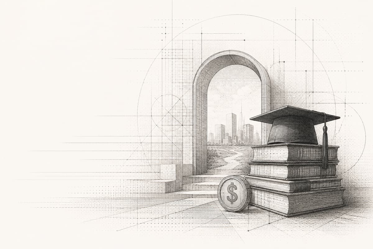 Ilustración de una pila de libros con un birrete de graduación y una moneda, representando educación y crédito educativo