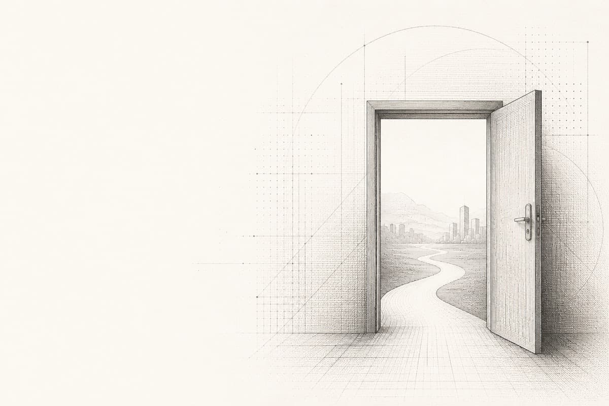 Ilustración de una puerta abierta hacia un camino que lleva a una ciudad, representando el acceso como punto de partida